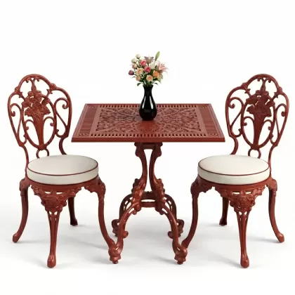 Gül motifli kolsuz 2 alüminyum döküm ferforje sandalye kare masa seti kiremit kırmızı