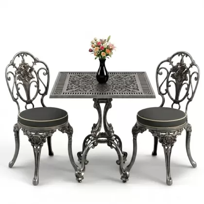Gül motifli kolsuz 2 alüminyum döküm ferforje sandalye kare masa seti silver gümüş