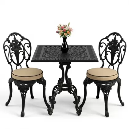 Gül motifli kolsuz 2 alüminyum döküm ferforje sandalye kare masa seti siyah
