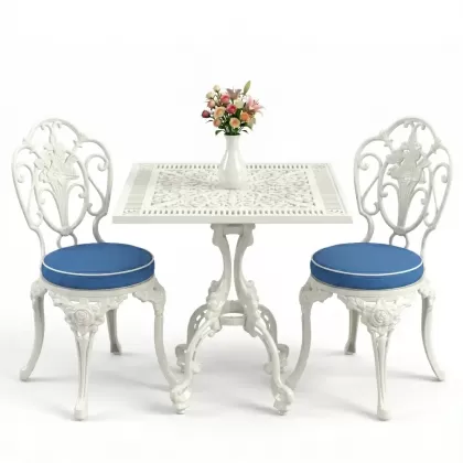 Gül motifli kolsuz 2 alüminyum döküm ferforje sandalye kare masa seti beyaz