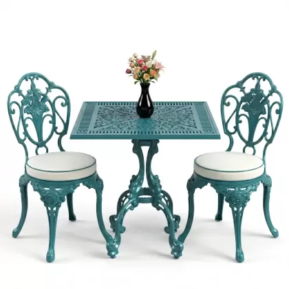 Gül motifli kolsuz 2 alüminyum döküm ferforje sandalye kare masa seti turkuaz