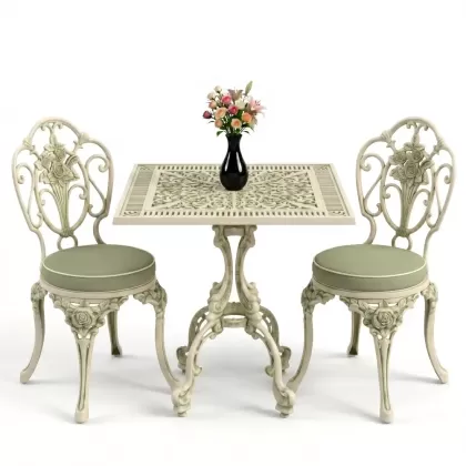 Gül motifli kolsuz 2 alüminyum döküm ferforje sandalye kare masa seti yeşil beyaz patina