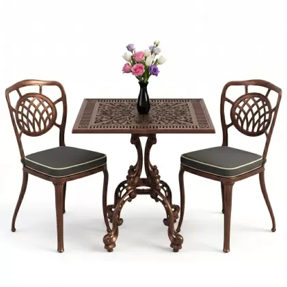 Ay motifli 2 alüminyum döküm sandalye ferforje kare masa takımı bakır eskitme