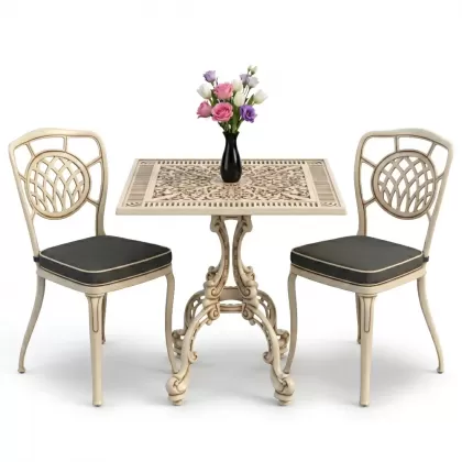 Ay motifli 2 alüminyum döküm sandalye ferforje kare masa takımı beyaz eskitme