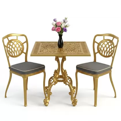 Ay motifli 2 alüminyum döküm sandalye ferforje kare masa takımı gold altın