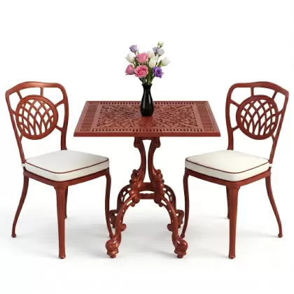 Ay motifli 2 alüminyum döküm sandalye ferforje kare masa takımı kiremit kırmızı