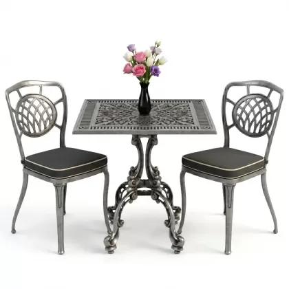 Ay motifli 2 alüminyum döküm sandalye ferforje kare masa takımı silver gümüş
