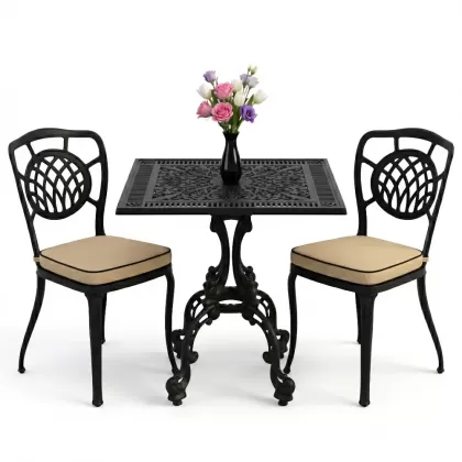 Ay motifli 2 alüminyum döküm sandalye ferforje kare masa takımı siyah