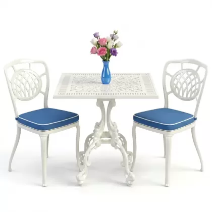 Ay motifli 2 alüminyum döküm sandalye ferforje kare masa takımı beyaz