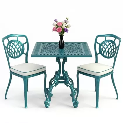 Ay motifli 2 alüminyum döküm sandalye ferforje kare masa takımı turkuaz