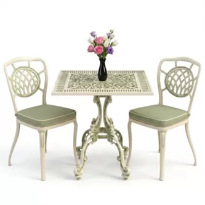 Ay motifli 2 alüminyum döküm sandalye ferforje kare masa takımı yeşil beyaz patina
