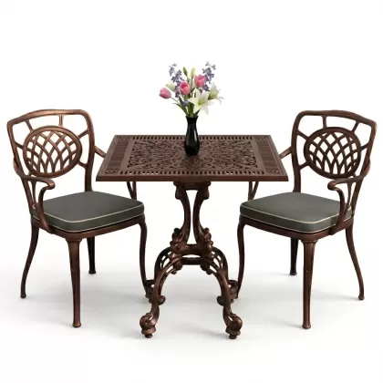 Ay motifli kolsuz 2 sandalye kare döküm ferforje sandalye masa balkon takımı bakır eskitme