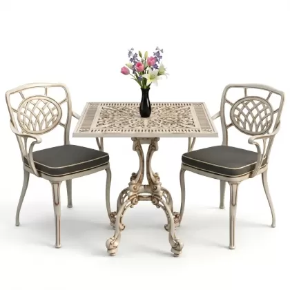 Ay motifli kolsuz 2 sandalye kare döküm ferforje sandalye masa balkon takımı beyaz eskitme