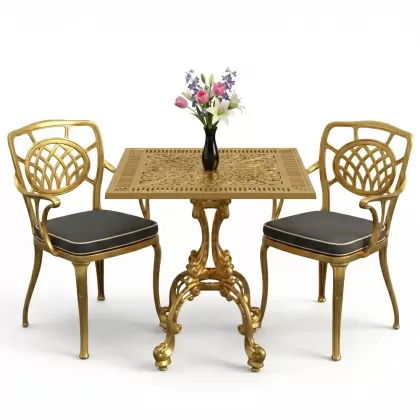 Ay motifli kolsuz 2 sandalye kare döküm ferforje sandalye masa balkon takımı gold altın