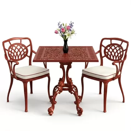 Ay motifli kolsuz 2 sandalye kare döküm ferforje sandalye masa balkon takımı kırmızı kiremit