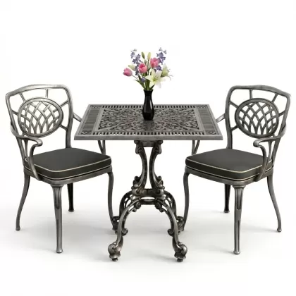 Ay motifli kolsuz 2 sandalye kare döküm ferforje sandalye masa balkon takımı gümüş silver