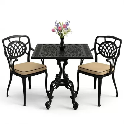 Ay motifli kolsuz 2 sandalye kare döküm ferforje sandalye masa balkon takımı siyah