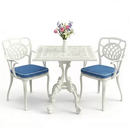 Ay motifli kolsuz 2 sandalye kare döküm ferforje sandalye masa balkon takımı beyaz