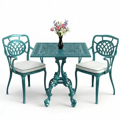 Ay motifli kolsuz 2 sandalye kare döküm ferforje sandalye masa balkon takımı turkuaz