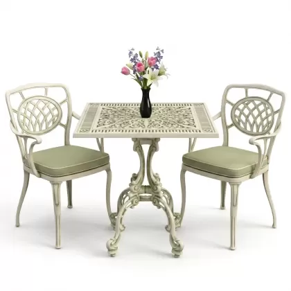 Ay motifli kolsuz 2 sandalye kare döküm ferforje sandalye masa balkon takımı yelil beyaz patina