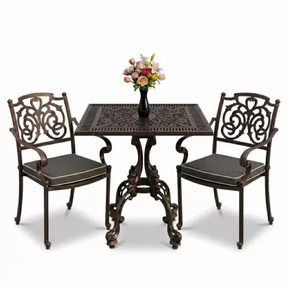 Kelebek motifli alüminyum döküm 2 sandalye kare ferforje masa takımı bakır eskitme