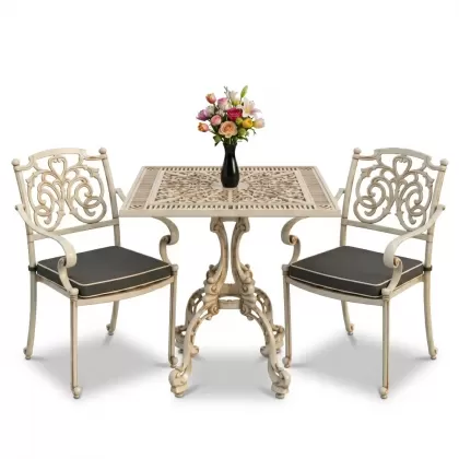 Kelebek motifli alüminyum döküm 2 sandalye kare ferforje masa takımı beyaz eskitme
