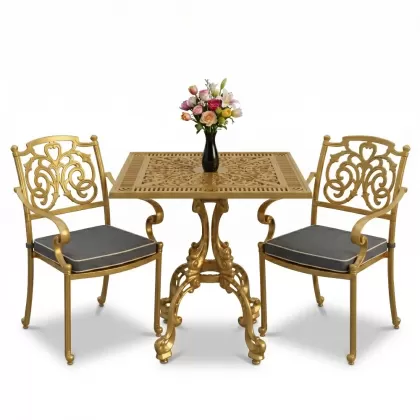 Kelebek motifli alüminyum döküm 2 sandalye kare ferforje masa takımı gold altın