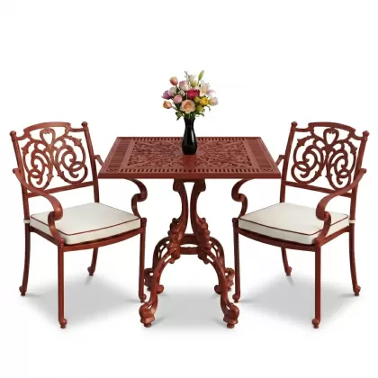 Kelebek motifli alüminyum döküm 2 sandalye kare ferforje masa takımı kırmızı kiremit