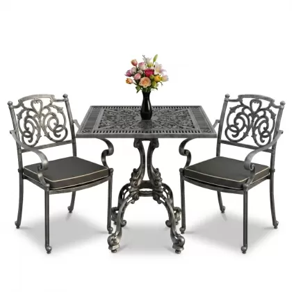 Kelebek motifli alüminyum döküm 2 sandalye kare ferforje masa takımı silver gümüş