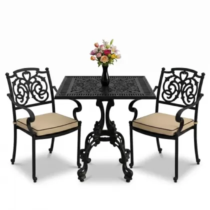 Kelebek motifli alüminyum döküm 2 sandalye kare ferforje masa takımı siyah