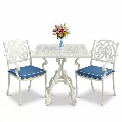 Kelebek motifli alüminyum döküm 2 sandalye kare ferforje masa takımı beyaz