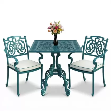 Kelebek motifli alüminyum döküm 2 sandalye kare ferforje masa takımı turkuaz