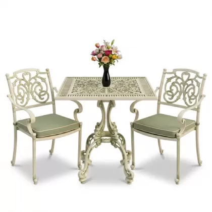 Kelebek motifli alüminyum döküm 2 sandalye kare ferforje masa takımı yeşil beyaz patina