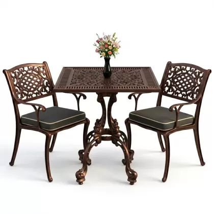 Döküm kollu koltuk 2 kişilik kare ferforje masa takımı bakır eskitme