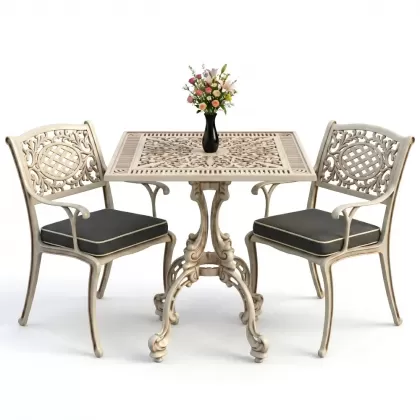 Döküm kollu koltuk 2 kişilik kare ferforje masa takımı beyaz eskitme