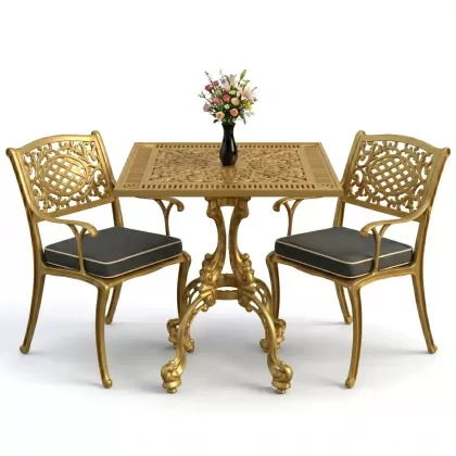 Döküm kollu koltuk 2 kişilik kare ferforje masa takımı altın gold