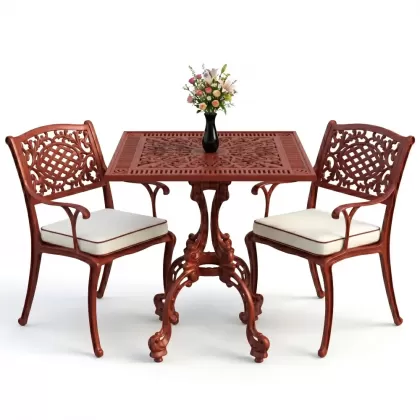 Döküm kollu koltuk 2 kişilik kare ferforje masa takımı kırmızı kemit