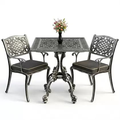 Döküm kollu koltuk 2 kişilik kare ferforje masa takımı silver gümüş