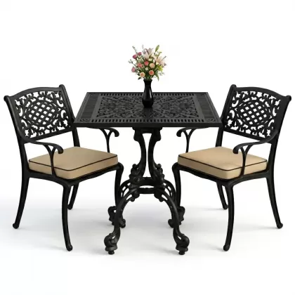 Döküm kollu koltuk 2 kişilik kare ferforje masa takımı siyah