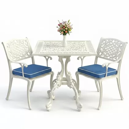 Döküm kollu koltuk 2 kişilik kare ferforje masa takımı beyaz