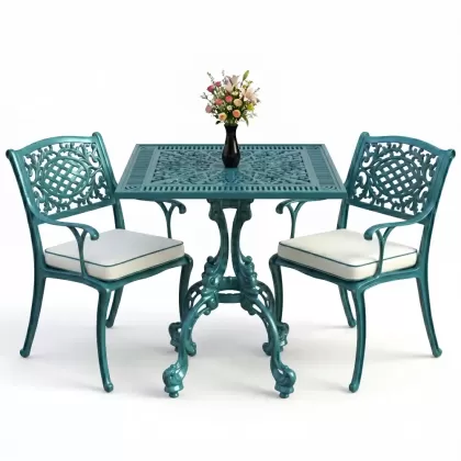 Döküm kollu koltuk 2 kişilik kare ferforje masa takımı turkuaz