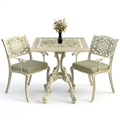 Döküm kollu koltuk 2 kişilik kare ferforje masa takımı yeşil beyaz patina