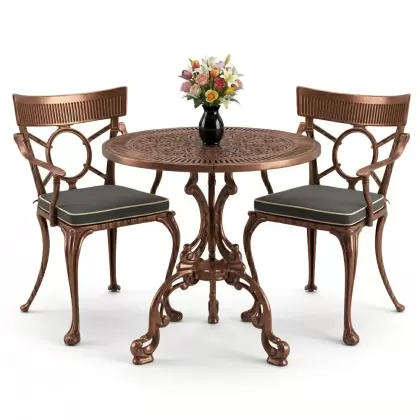 Yuvarlak 2 Kişilik alüminyum döküm masa, Ferfforje sandalye metal  balkon bahçe takımı bakır eskitme