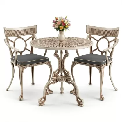 Yuvarlak 2 Kişilik alüminyum döküm masa, Ferfforje sandalye metal  balkon bahçe takımı beyaz eskitme