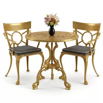 Yuvarlak 2 Kişilik alüminyum döküm masa, Ferfforje sandalye metal  balkon bahçe takımı gold altın