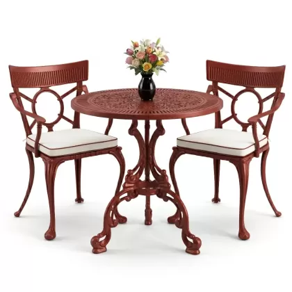 Yuvarlak 2 Kişilik alüminyum döküm masa, Ferfforje sandalye metal  balkon bahçe takımı kırmızı kiremit