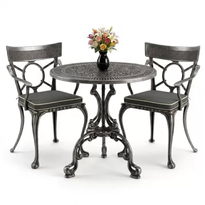 Yuvarlak 2 Kişilik alüminyum döküm masa, Ferfforje sandalye metal  balkon bahçe takımı silver gümüş