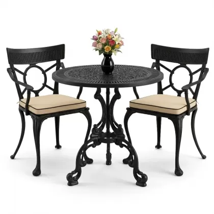 Yuvarlak 2 Kişilik alüminyum döküm masa, Ferfforje sandalye metal  balkon bahçe takımı siyah