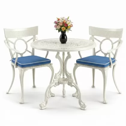 Yuvarlak 2 Kişilik alüminyum döküm masa, Ferfforje sandalye metal  balkon bahçe takımı beyaz