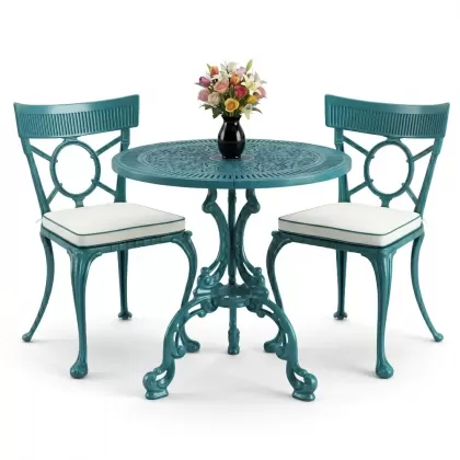 Yuvarlak 2 Kişilik alüminyum döküm masa, Ferfforje sandalye metal  balkon bahçe takımı turkuaz
